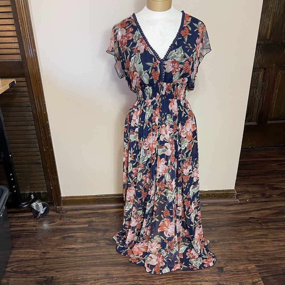 Kate & Lily Dress Navy Floral Smocked Waist Cap‎ Sleeve V-Neck Lined 6